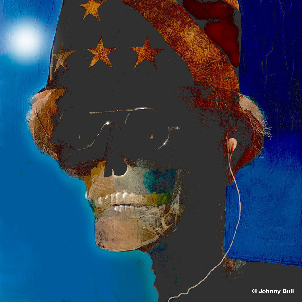 artwork of a skull in a hat with an american flag